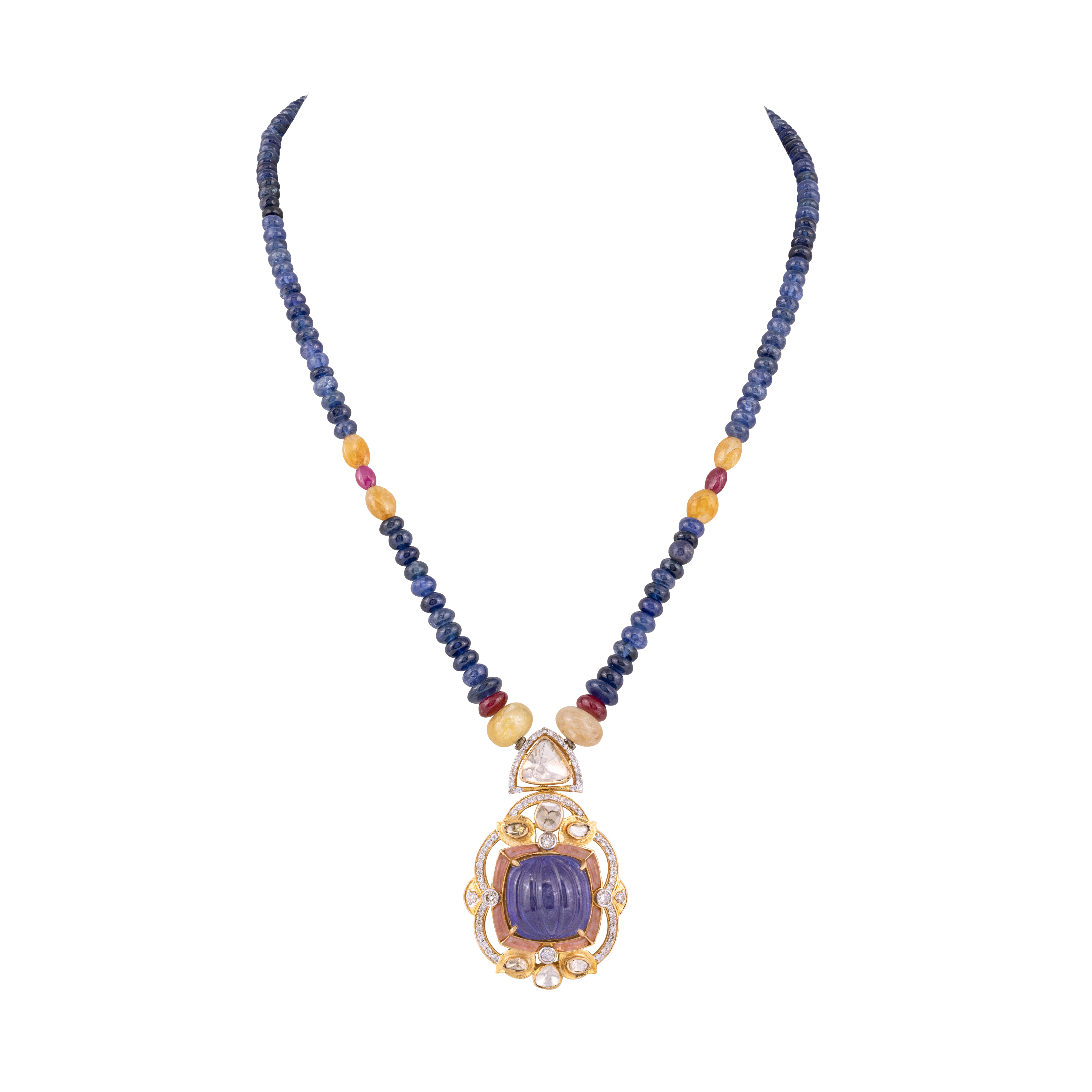 Carved Tanzanite Necklace with Polkis ,Diamonds and Sapphire Beads